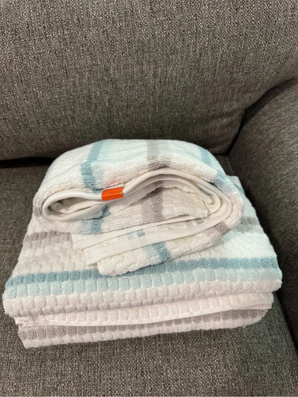 3 Soft White Waffle Weave Bath Towel with Teal and Gray Stripes Brand New